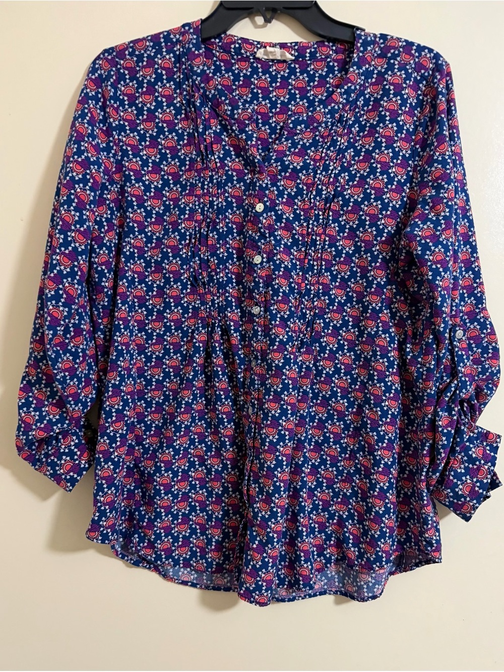 Jane & Delancey Long Roll Tab Sleeve Multicolor Geometric Button Up Blouse Sz L